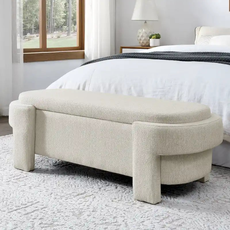 Banc de rangement capitonné en lin blanc/beige