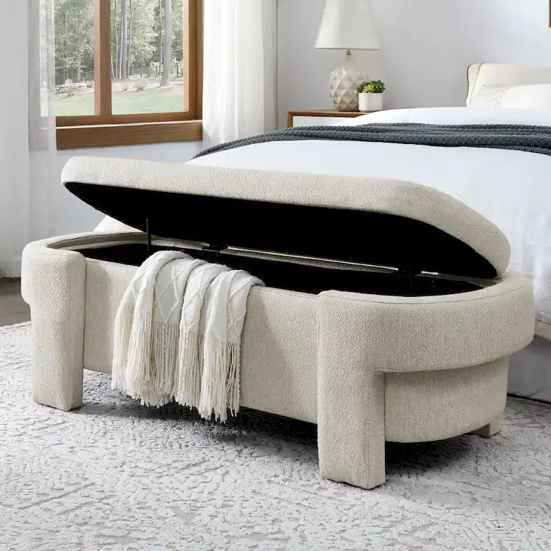 Banc de rangement capitonné en lin blanc/beige