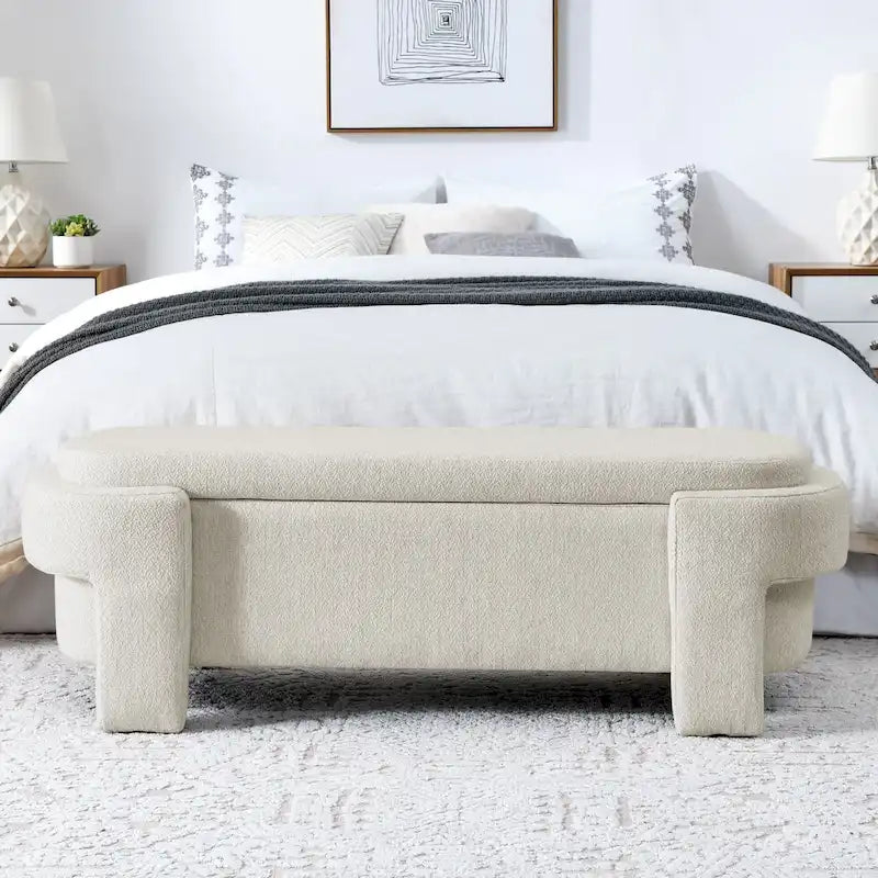 Banc de rangement capitonné en lin blanc/beige