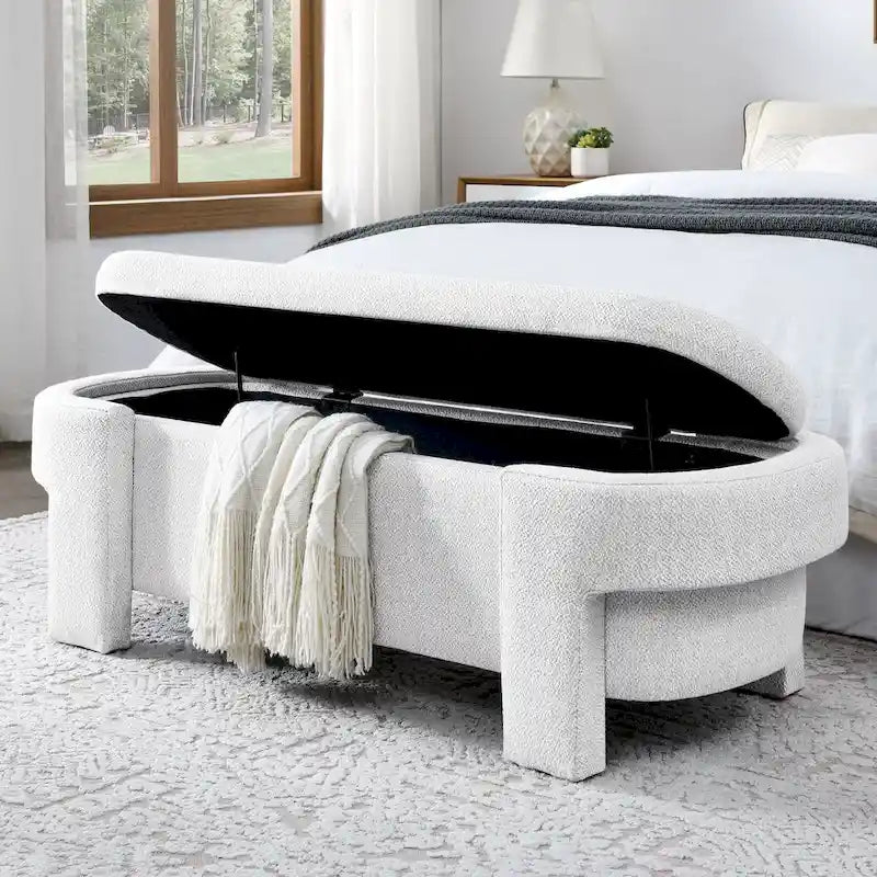 Banc de rangement capitonné en lin blanc/beige
