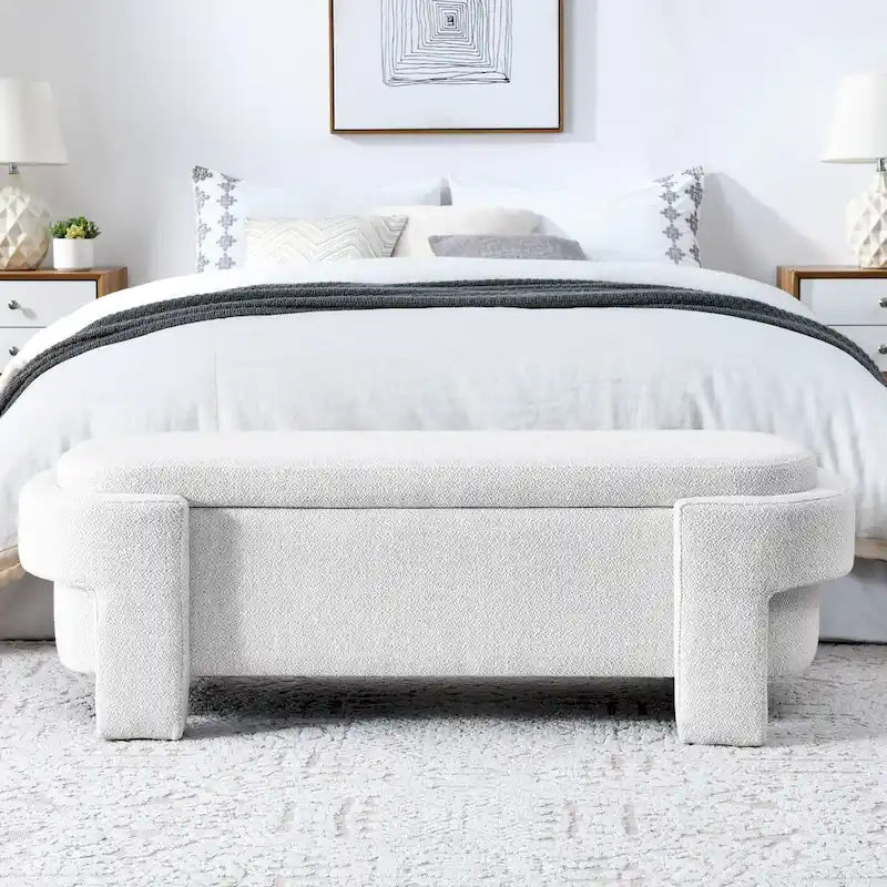 Banc de rangement capitonné en lin blanc/beige