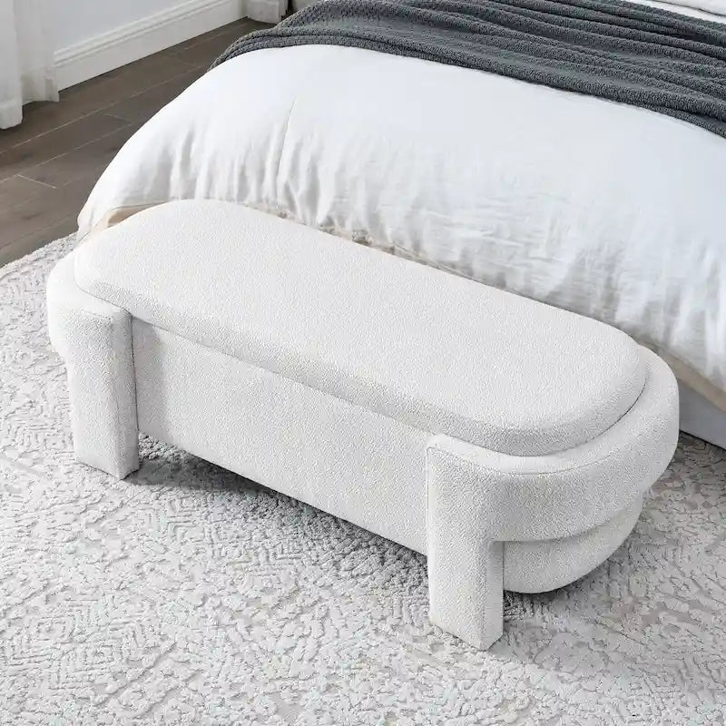 Banc de rangement capitonné en lin blanc/beige