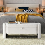 Ottoman de rangement ovale en chenille crème/orange avec cadre en bois d'eucalyptus