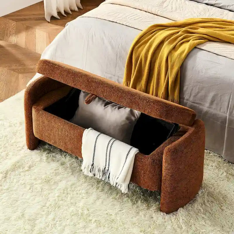 Ottoman de rangement ovale en chenille crème/orange avec cadre en bois d'eucalyptus