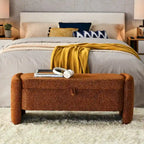 Ottoman de rangement ovale en chenille crème/orange avec cadre en bois d'eucalyptus