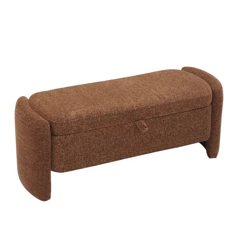 Ottoman de rangement ovale en chenille crème/orange avec cadre en bois d'eucalyptus