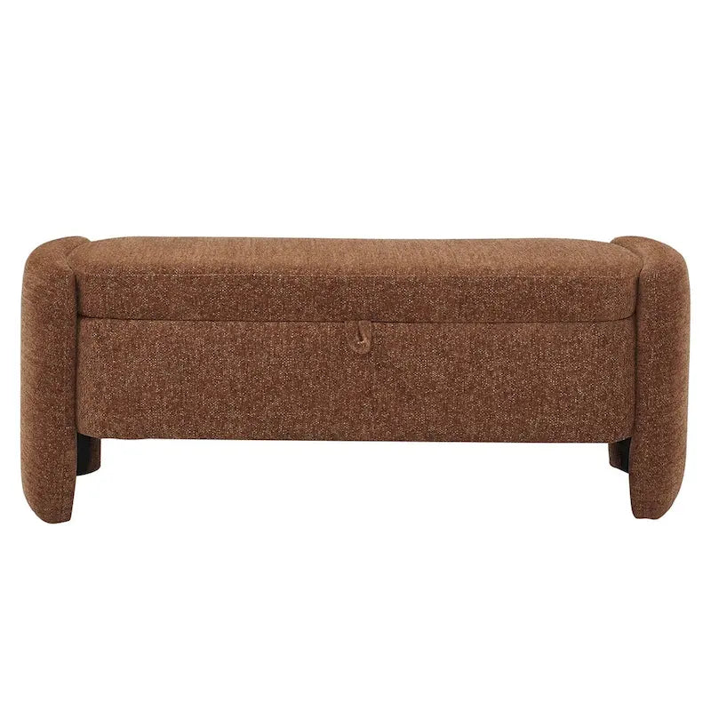 Ottoman de rangement ovale en chenille crème/orange avec cadre en bois d'eucalyptus
