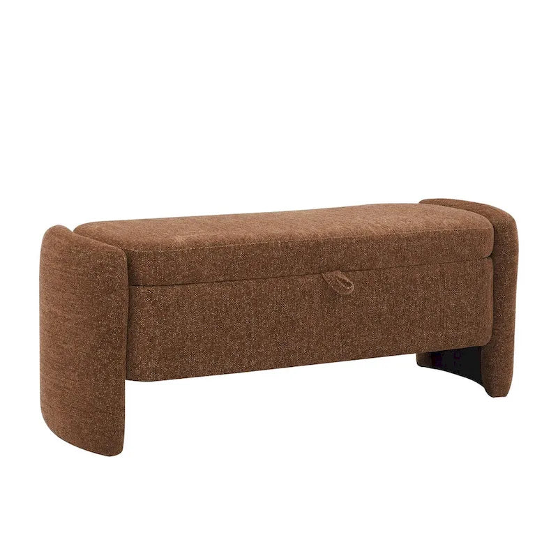 Ottoman de rangement ovale en chenille crème/orange avec cadre en bois d'eucalyptus