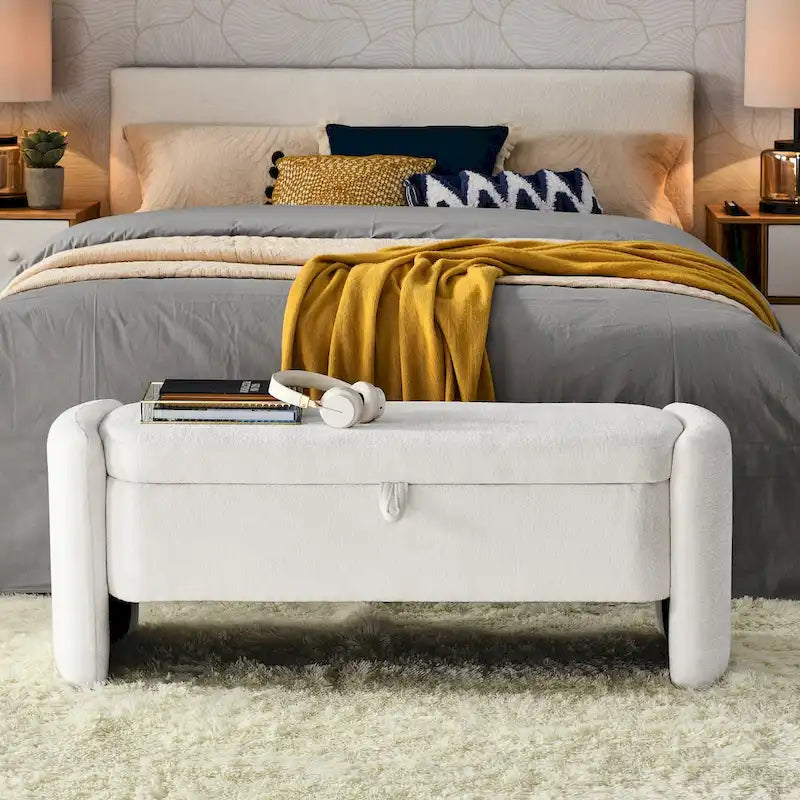 Ottoman de rangement ovale en chenille crème/orange avec cadre en bois d'eucalyptus