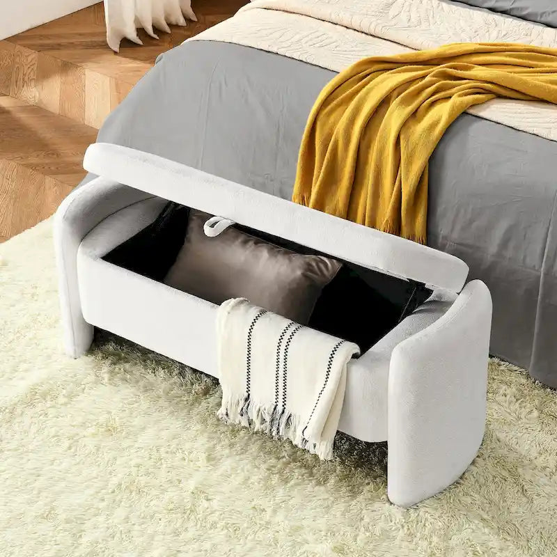 Ottoman de rangement ovale en chenille crème/orange avec cadre en bois d'eucalyptus