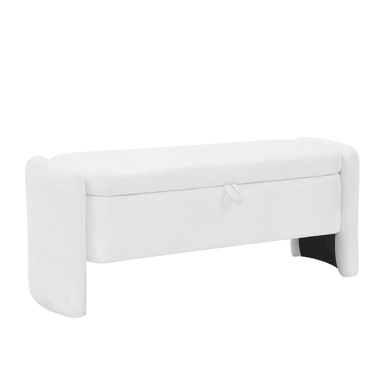 Ottoman de rangement ovale en chenille crème/orange avec cadre en bois d'eucalyptus