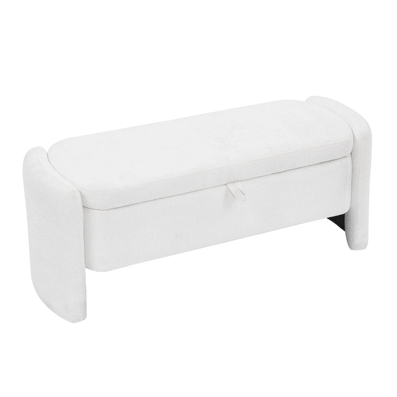 Ottoman de rangement ovale en chenille crème/orange avec cadre en bois d'eucalyptus