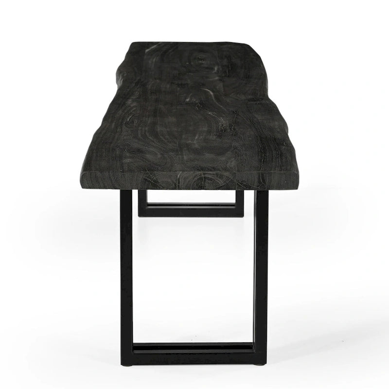 Banc de salle à manger en bois d'acacia naturel avec pieds en fer noir, pour 2-3 personnes, largeur de 165 cm ou 183 cm