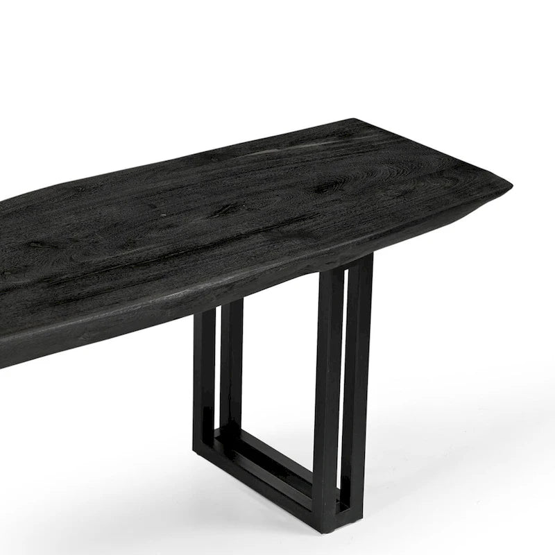 Banc de salle à manger en bois d'acacia naturel avec pieds en fer noir, pour 2-3 personnes, largeur de 165 cm ou 183 cm