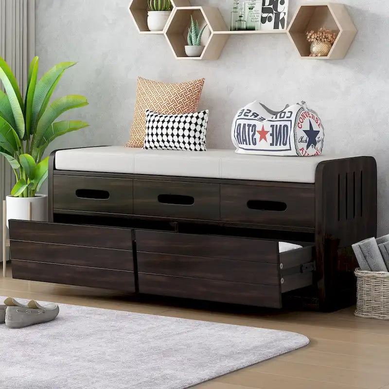 Banc de rangement rustique Espresso/Naturel/Bleu marine/Blanc avec 2 tiroirs, 1 place