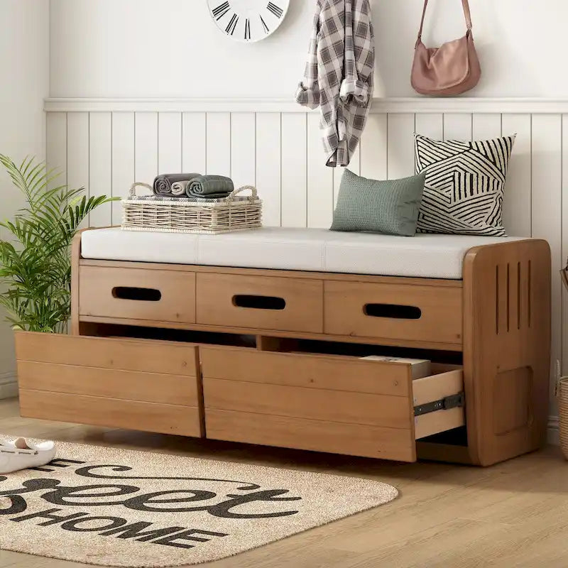 Banc de rangement rustique Espresso/Naturel/Bleu marine/Blanc avec 2 tiroirs, 1 place