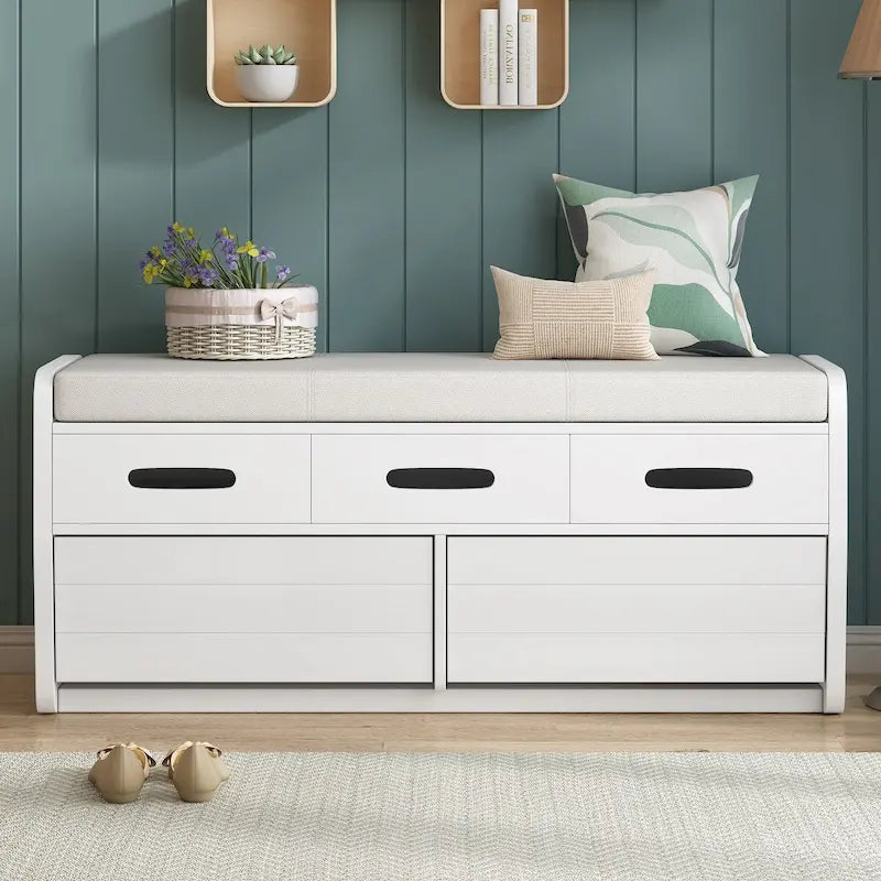 Banc de rangement rustique Espresso/Naturel/Bleu marine/Blanc avec 2 tiroirs, 1 place