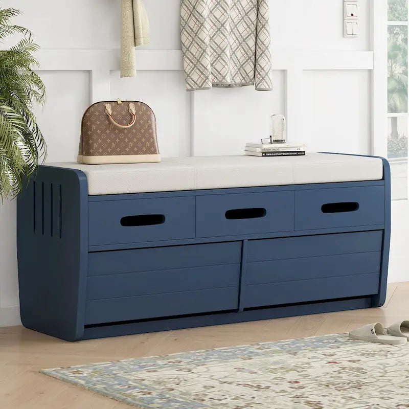 Banc de rangement rustique Espresso/Naturel/Bleu marine/Blanc avec 2 tiroirs, 1 place