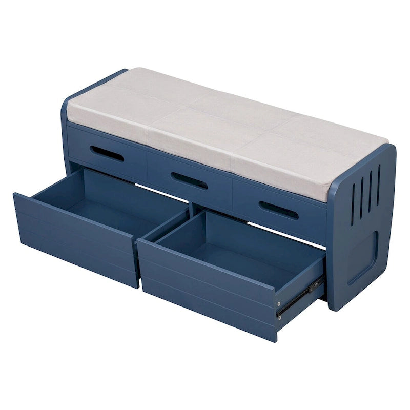 Banc de rangement rustique Espresso/Naturel/Bleu marine/Blanc avec 2 tiroirs, 1 place