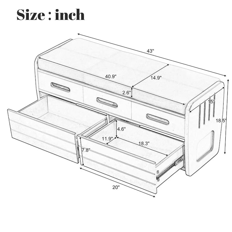 Banc de rangement rustique Espresso/Naturel/Bleu marine/Blanc avec 2 tiroirs, 1 place