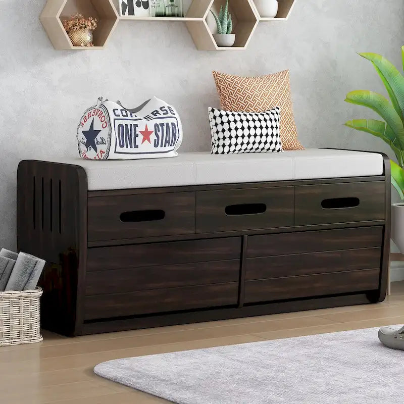 Banc de rangement rustique Espresso/Naturel/Bleu marine/Blanc avec 2 tiroirs, 1 place