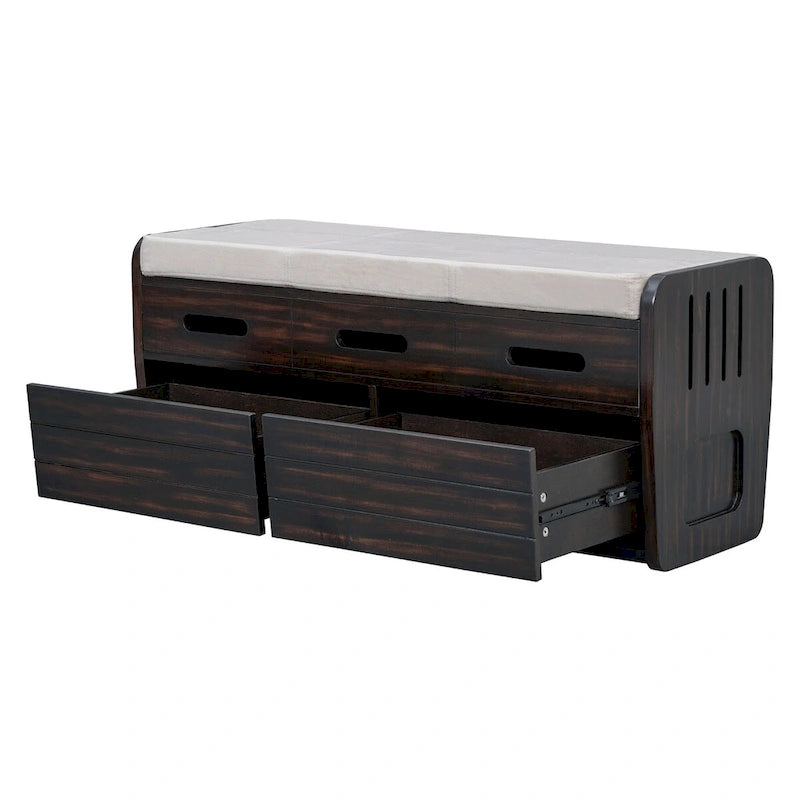 Banc de rangement rustique Espresso/Naturel/Bleu marine/Blanc avec 2 tiroirs, 1 place