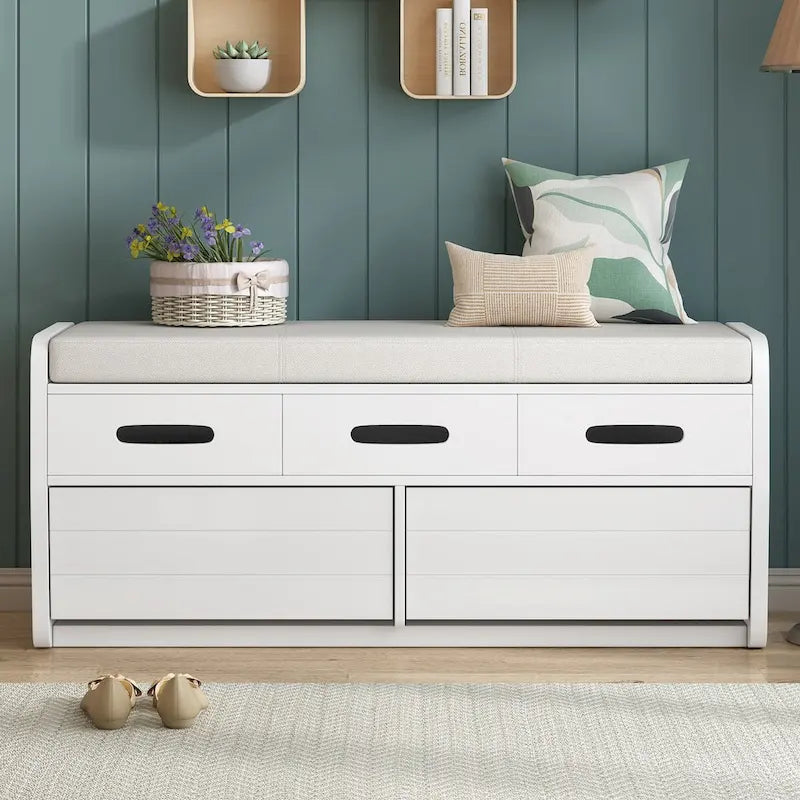 Banc de rangement rustique Espresso/Naturel/Bleu marine/Blanc avec 2 tiroirs, 1 place