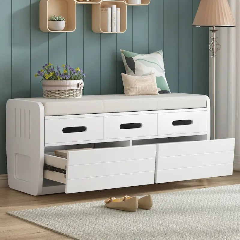Banc de rangement rustique Espresso/Naturel/Bleu marine/Blanc avec 2 tiroirs, 1 place