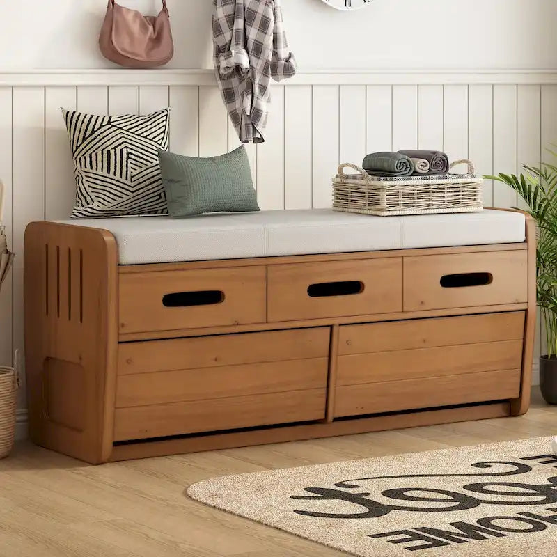Banc de rangement rustique Espresso/Naturel/Bleu marine/Blanc avec 2 tiroirs, 1 place