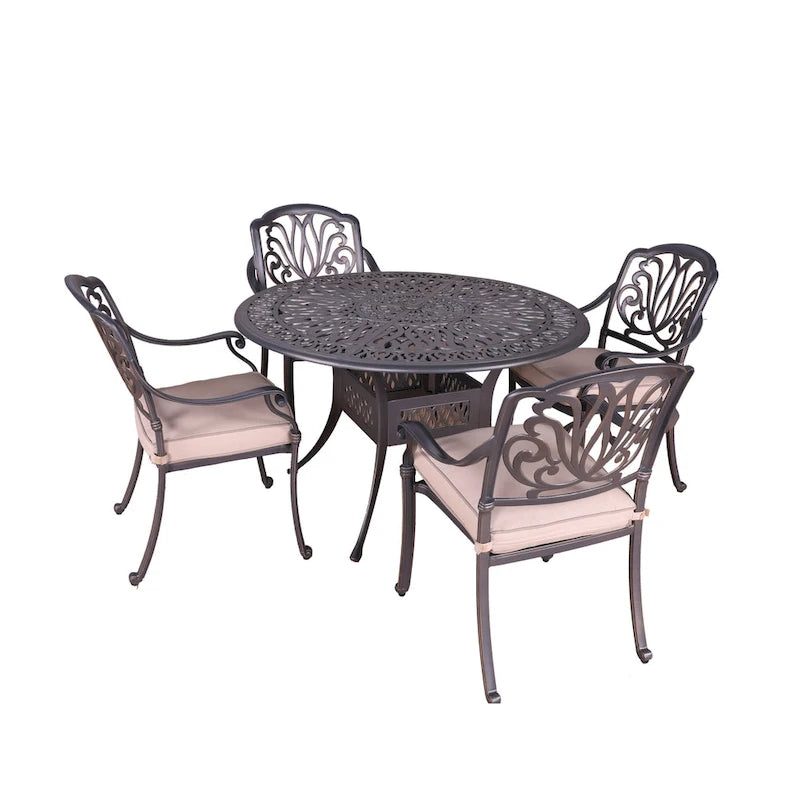 Ensemble de salle à manger rond 5 pièces en aluminium Saratoga avec coussins Sunbrella – Meilleur mobilier d'extérieur
