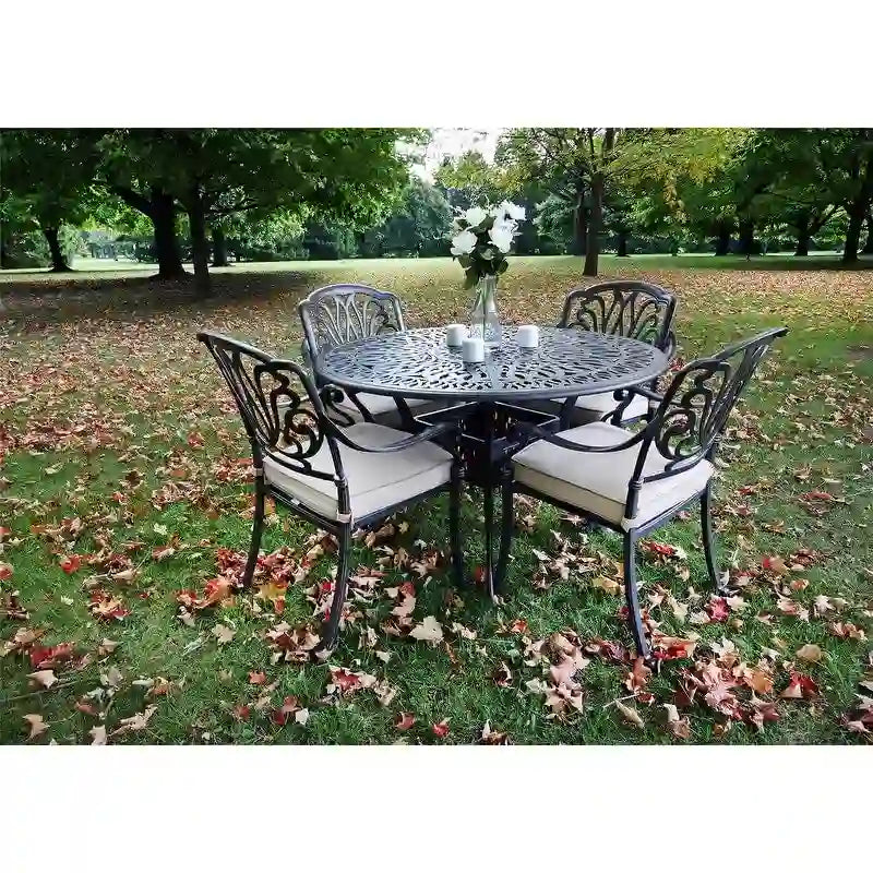 Ensemble de salle à manger rond 5 pièces en aluminium Saratoga avec coussins Sunbrella – Meilleur mobilier d'extérieur