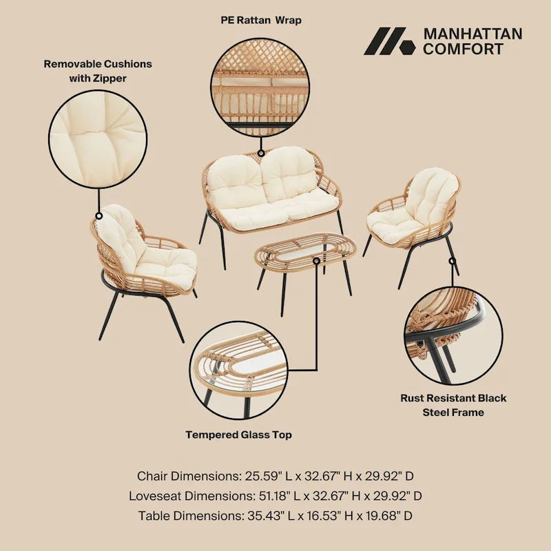 Ensemble de conversation d'extérieur moderne 4 pièces Manhattan Comfort Pine