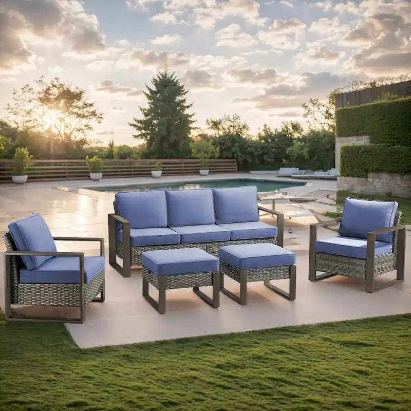 Gymojoy Patio High Back Sofa with Club Chair and Ottomans - Grey
