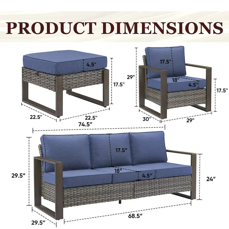 Gymojoy Canapé d'extérieur à dossier haut avec fauteuil et ottomans - Gris