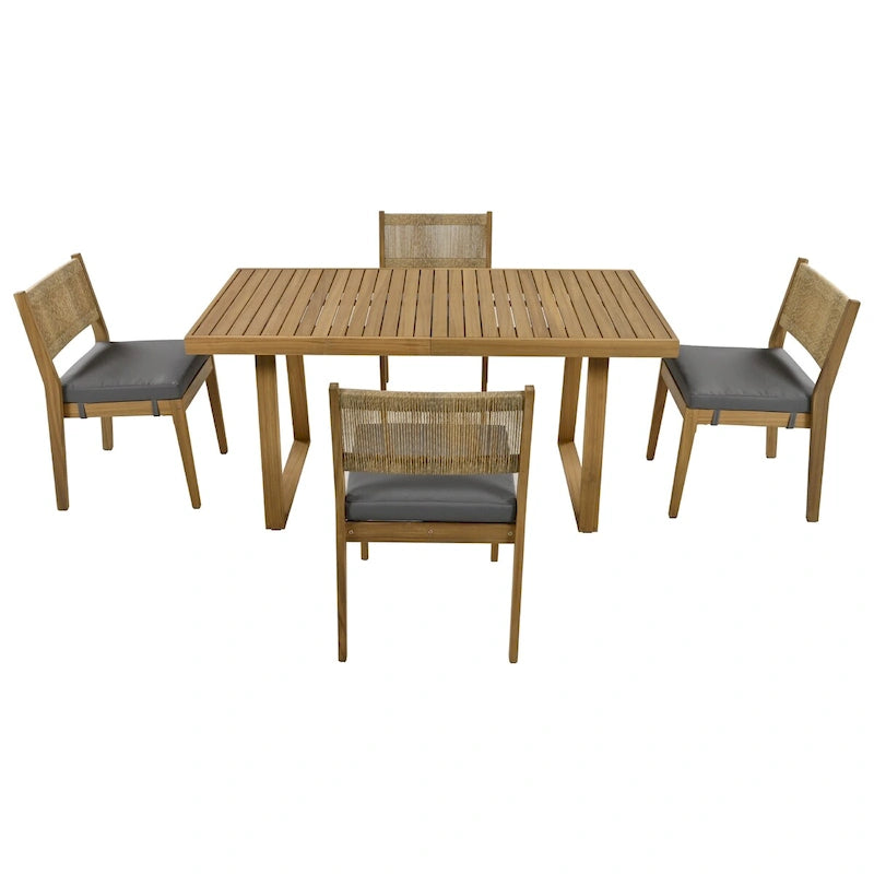 Ensemble table et chaises de salle à manger d'extérieur 5 pièces en bois d'acacia, coussins épais