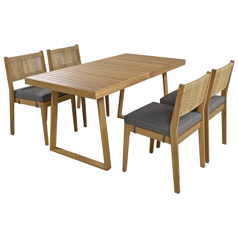 Ensemble table et chaises de salle à manger d'extérieur 5 pièces en bois d'acacia, coussins épais