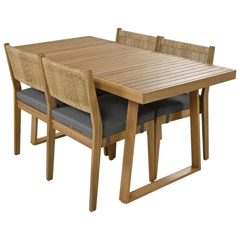Ensemble table et chaises de salle à manger d'extérieur 5 pièces en bois d'acacia, coussins épais