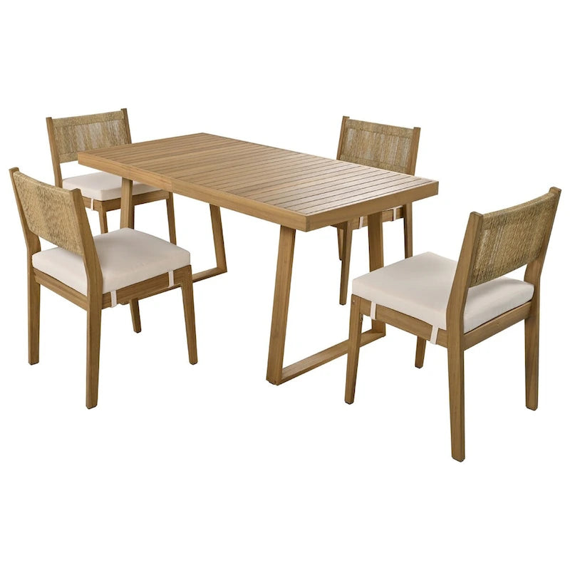 Ensemble table et chaises de salle à manger d'extérieur 5 pièces en bois d'acacia, coussins épais