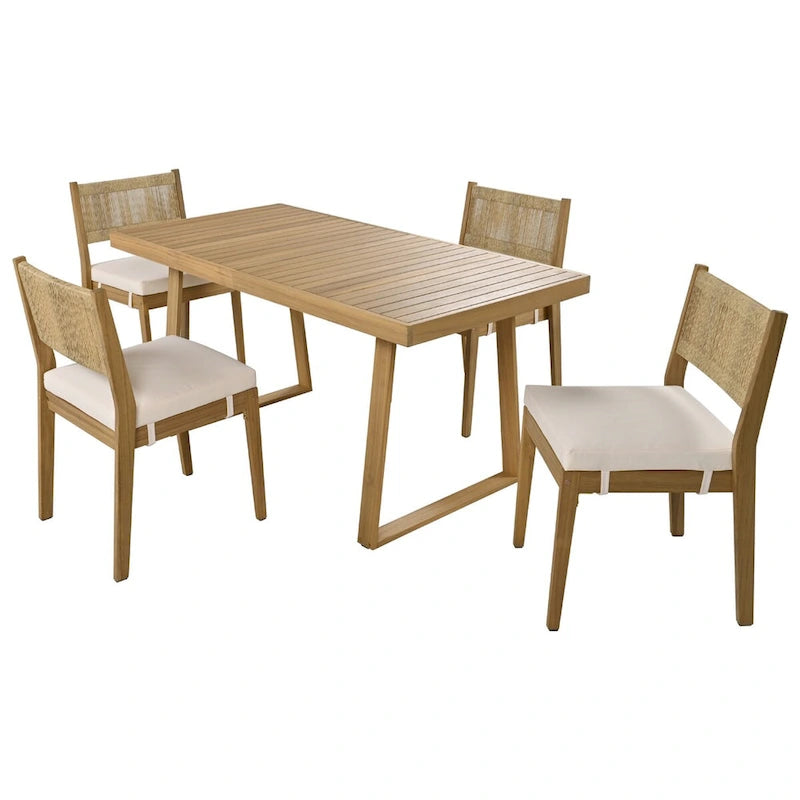 Ensemble table et chaises de salle à manger d'extérieur 5 pièces en bois d'acacia, coussins épais