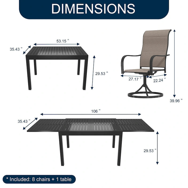 Ensemble de salle à manger d'extérieur 9 pièces avec table extensible