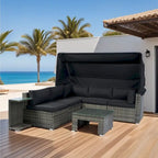 Ensemble de mobilier de patio 7 pièces avec auvent rétractable, canapé d'angle en rotin, coussins lavables, rotin gris + coussins noirs