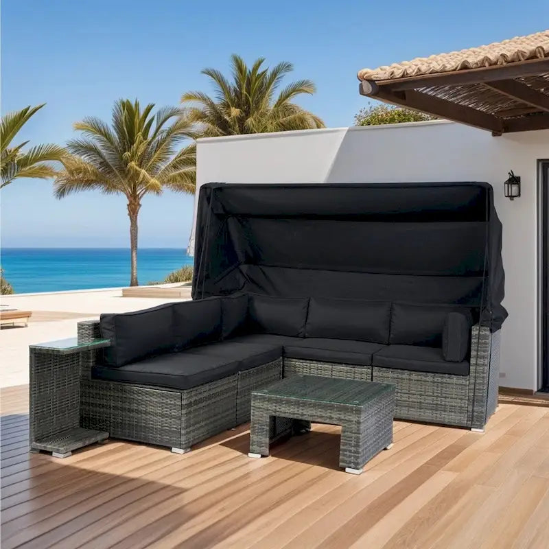 Ensemble de mobilier de patio 7 pièces avec auvent rétractable, canapé d'angle en rotin, coussins lavables, rotin gris + coussins noirs