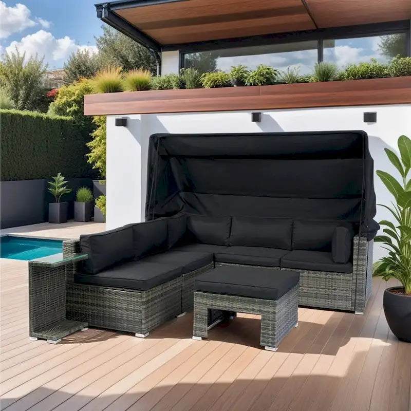 Ensemble de mobilier de patio 7 pièces avec auvent rétractable, canapé d'angle en rotin, coussins lavables, rotin gris + coussins noirs