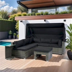 Ensemble de mobilier de patio 7 pièces avec auvent rétractable, canapé d'angle en rotin, coussins lavables, rotin gris + coussins noirs