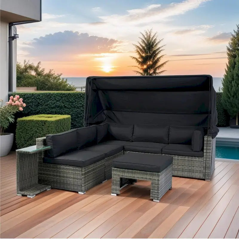 Ensemble de mobilier de patio 7 pièces avec auvent rétractable, canapé d'angle en rotin, coussins lavables, rotin gris + coussins noirs