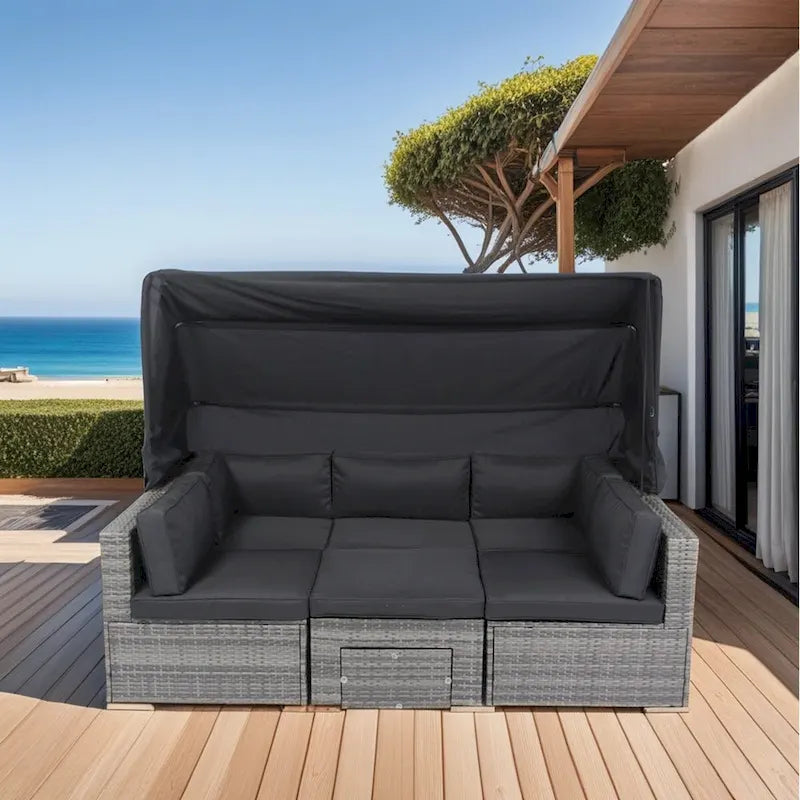 Ensemble de mobilier de patio 7 pièces avec auvent rétractable, canapé d'angle en rotin, coussins lavables, rotin gris + coussins noirs