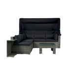 Ensemble de mobilier de patio 7 pièces avec auvent rétractable, canapé d'angle en rotin, coussins lavables, rotin gris + coussins noirs