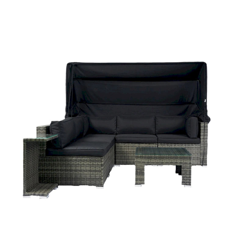 Ensemble de mobilier de patio 7 pièces avec auvent rétractable, canapé d'angle en rotin, coussins lavables, rotin gris + coussins noirs