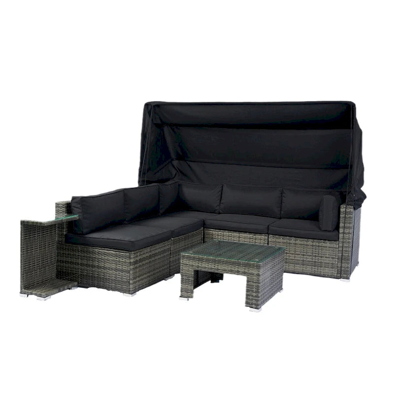 Ensemble de mobilier de patio 7 pièces avec auvent rétractable, canapé d'angle en rotin, coussins lavables, rotin gris + coussins noirs