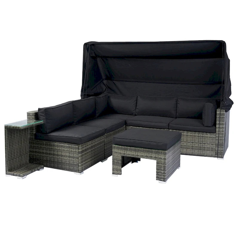 Ensemble de mobilier de patio 7 pièces avec auvent rétractable, canapé d'angle en rotin, coussins lavables, rotin gris + coussins noirs